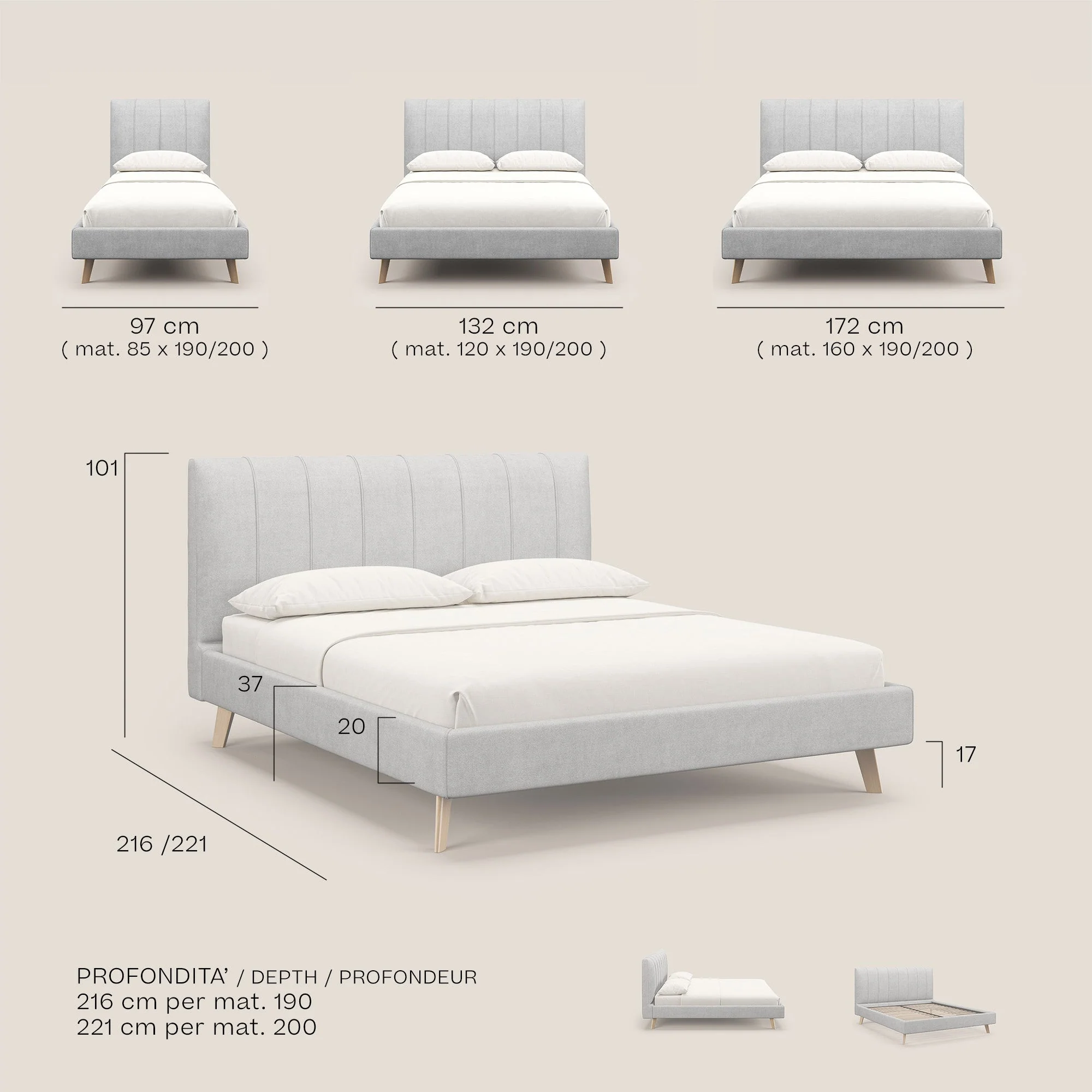 Selene lit rembourré avec pieds bois naturel déhoussable en tissu imperméable T02 beige - Image 9