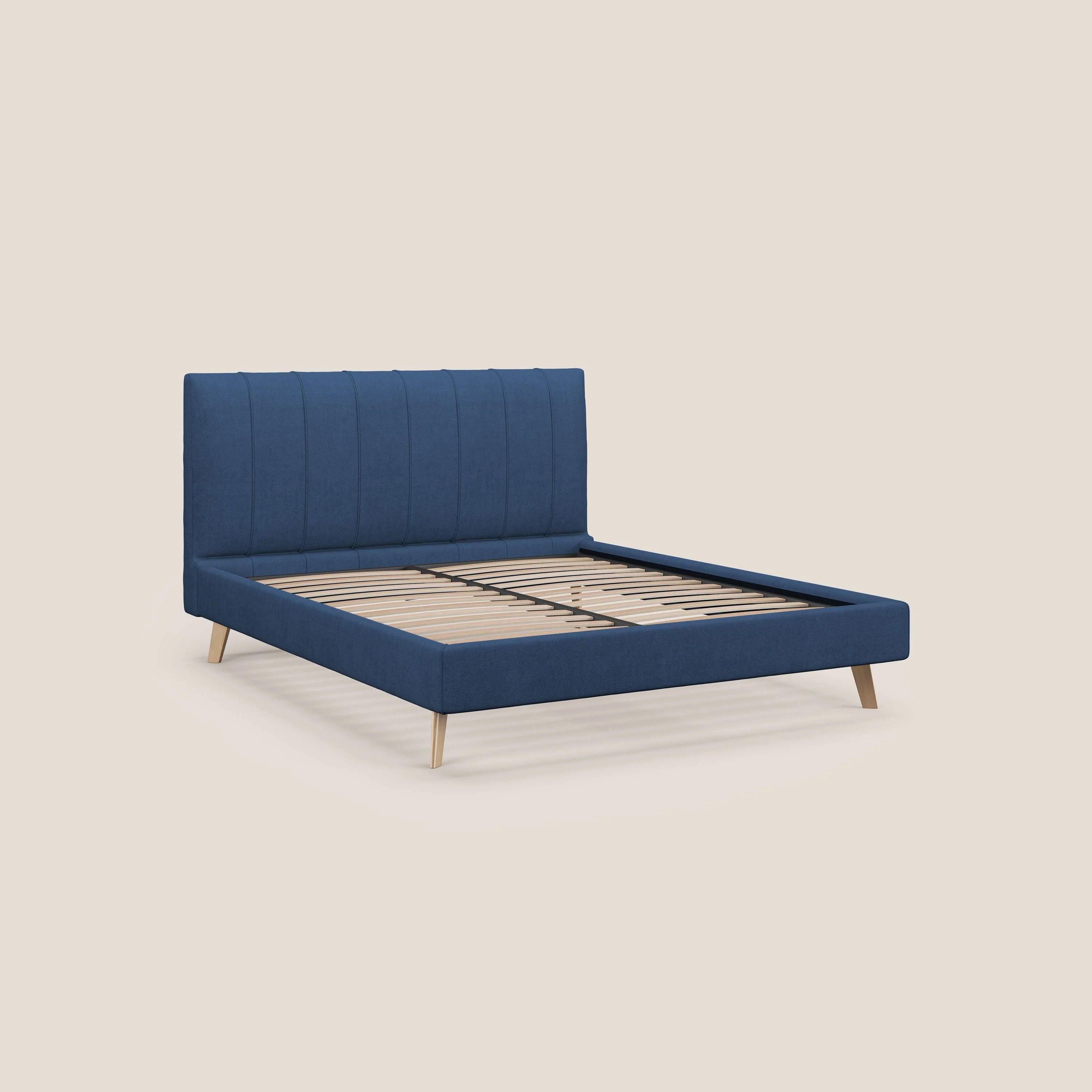 Selene lit rembourré avec pieds bois naturel déhoussable en tissu imperméable T02 bleu - Image 7