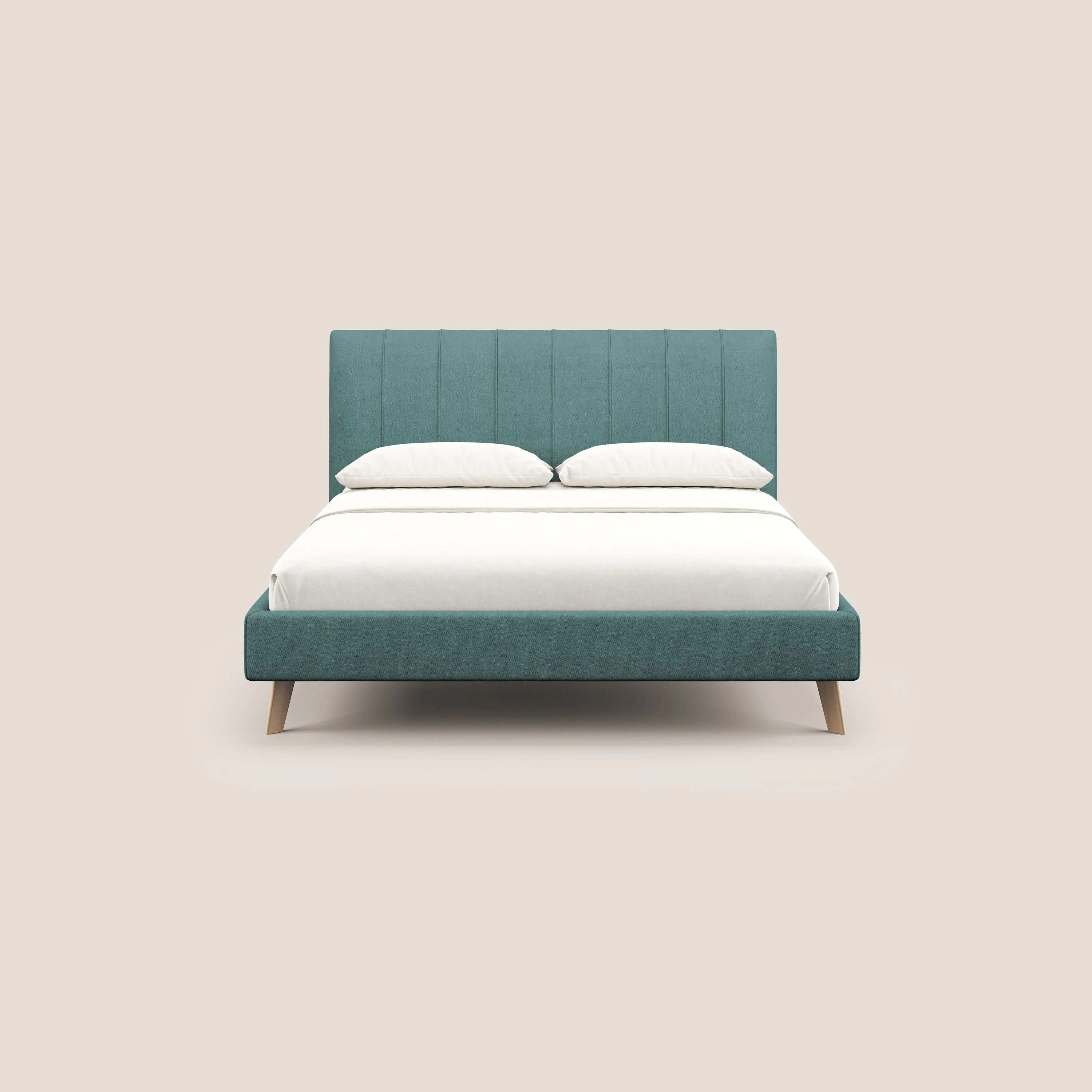 Selene lit rembourré avec pieds bois naturel déhoussable en tissu imperméable T02 bleu canard - Image 2