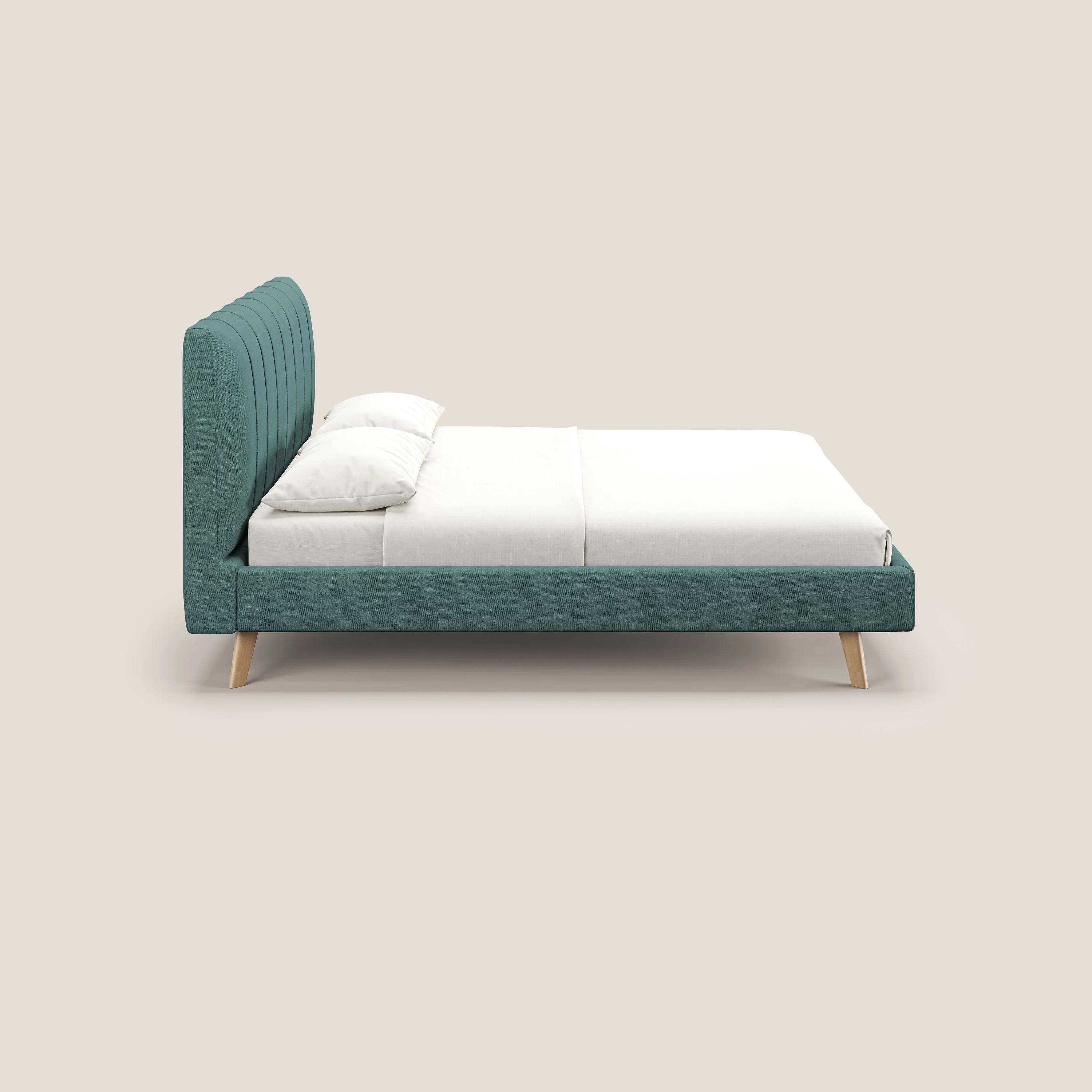 Selene lit rembourré avec pieds bois naturel déhoussable en tissu imperméable T02 bleu canard - Image 4