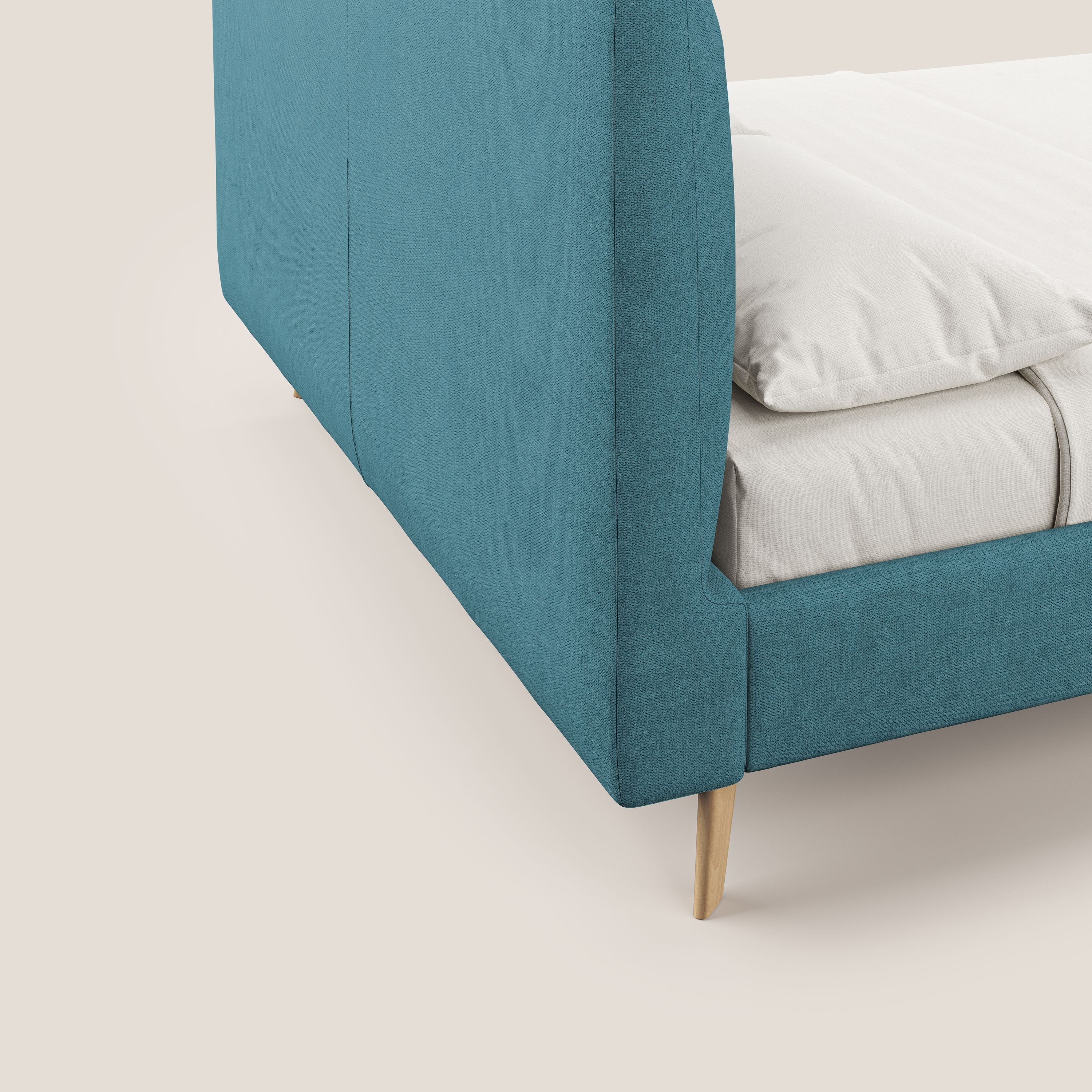 Selene lit rembourré avec pieds bois naturel déhoussable en tissu imperméable T02 bleu ciel - Image 3