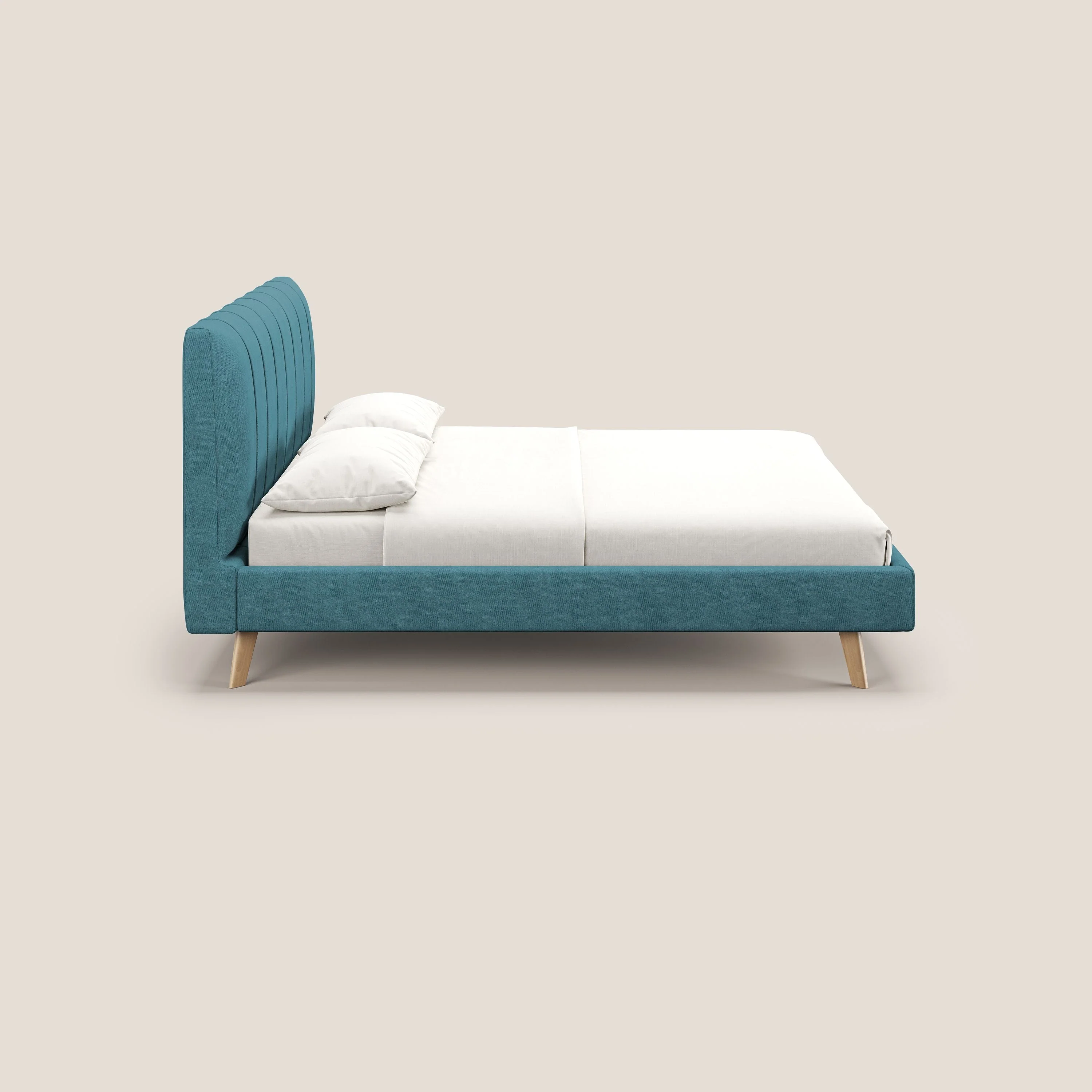 Selene lit rembourré avec pieds bois naturel déhoussable en tissu imperméable T02 bleu ciel - Image 4
