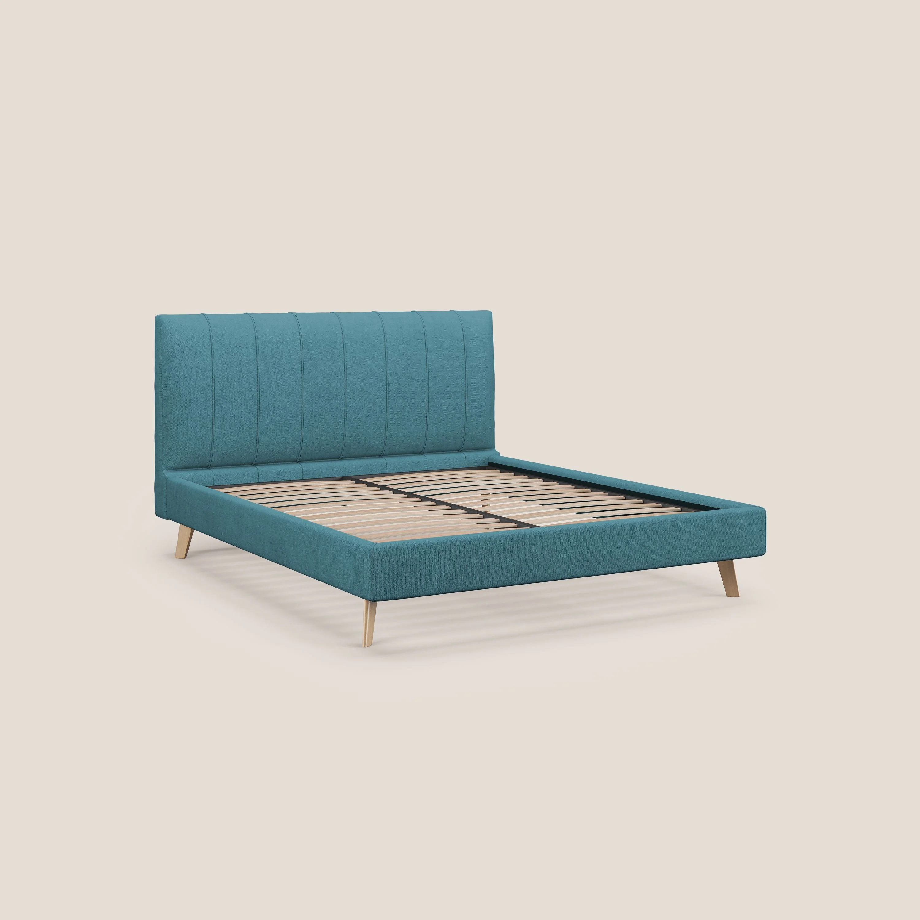Selene lit rembourré avec pieds bois naturel déhoussable en tissu imperméable T02 bleu ciel - Image 7