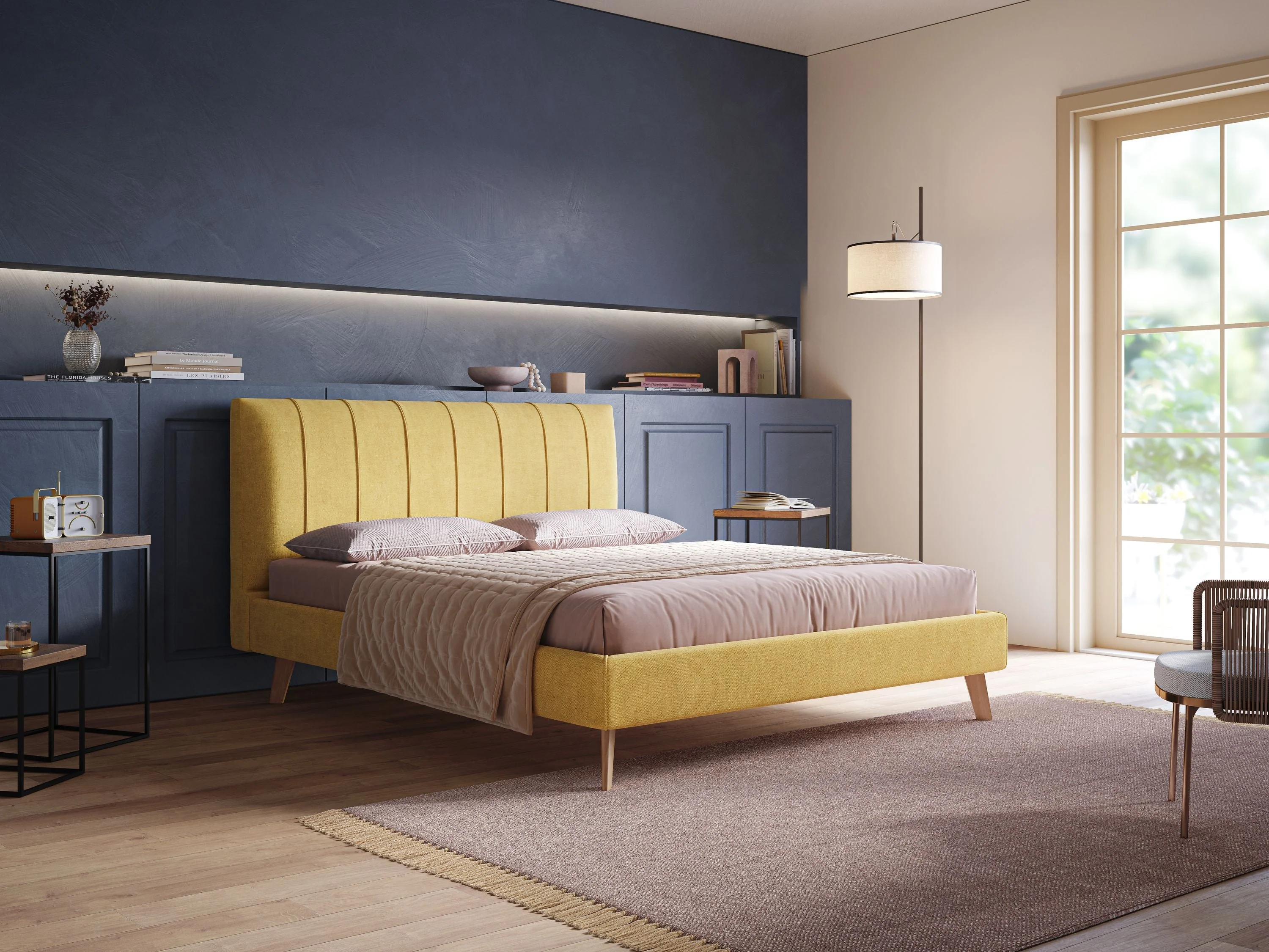 Selene lit rembourré avec pieds bois naturel déhoussable en tissu imperméable T02 jaune - Image 2