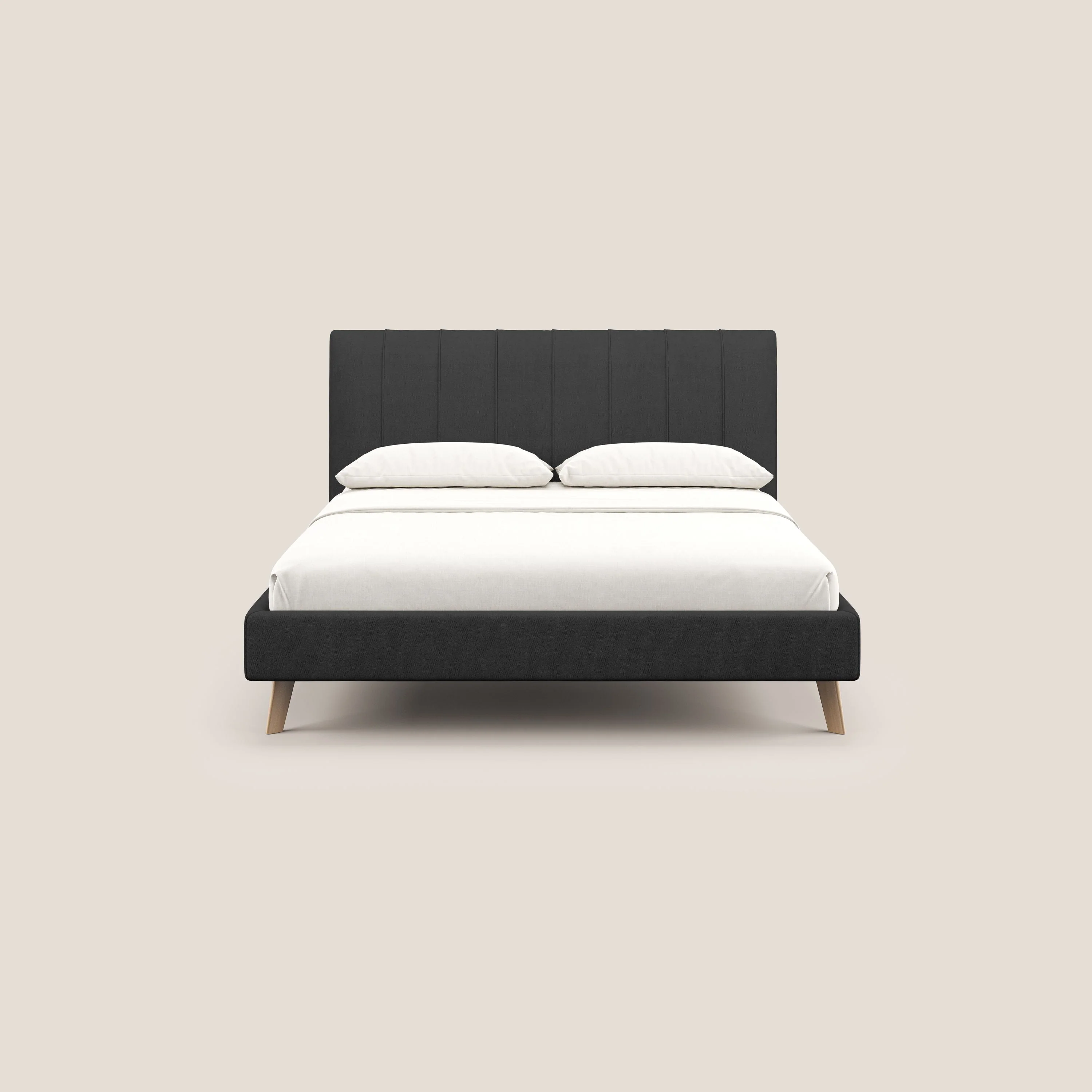 Selene lit rembourré avec pieds bois naturel déhoussable en tissu imperméable T02 noir - Image 2