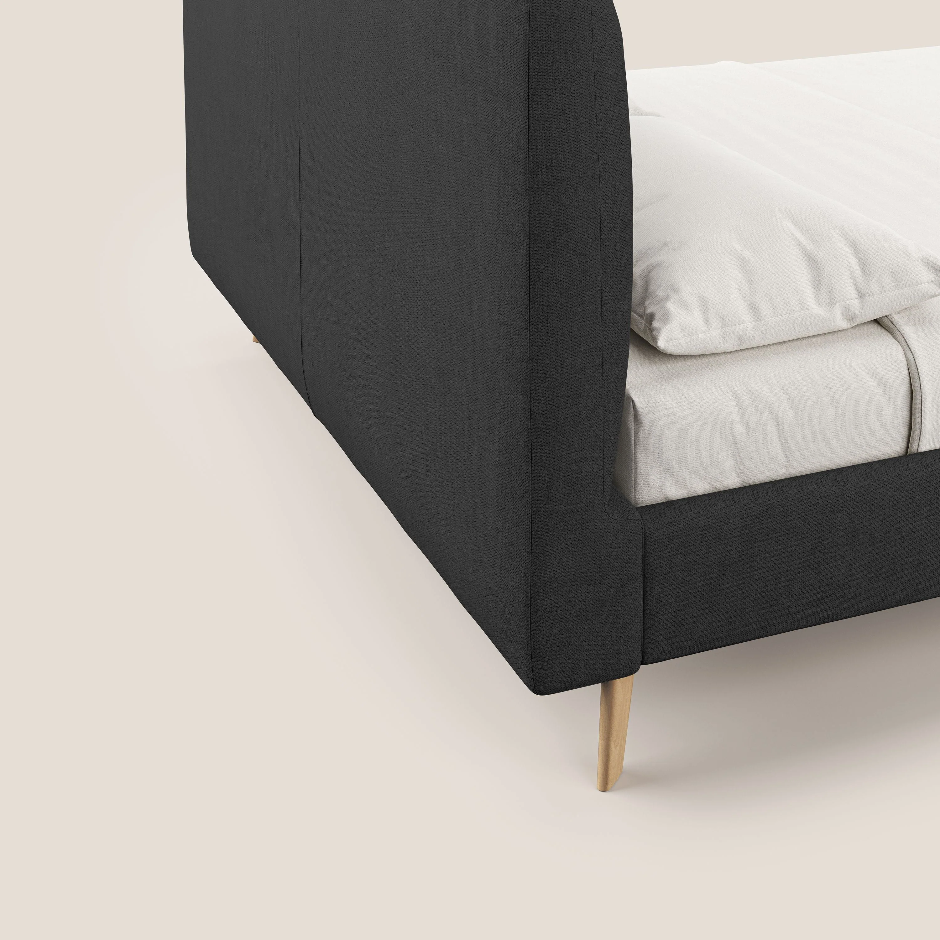 Selene lit rembourré avec pieds bois naturel déhoussable en tissu imperméable T02 noir - Image 3