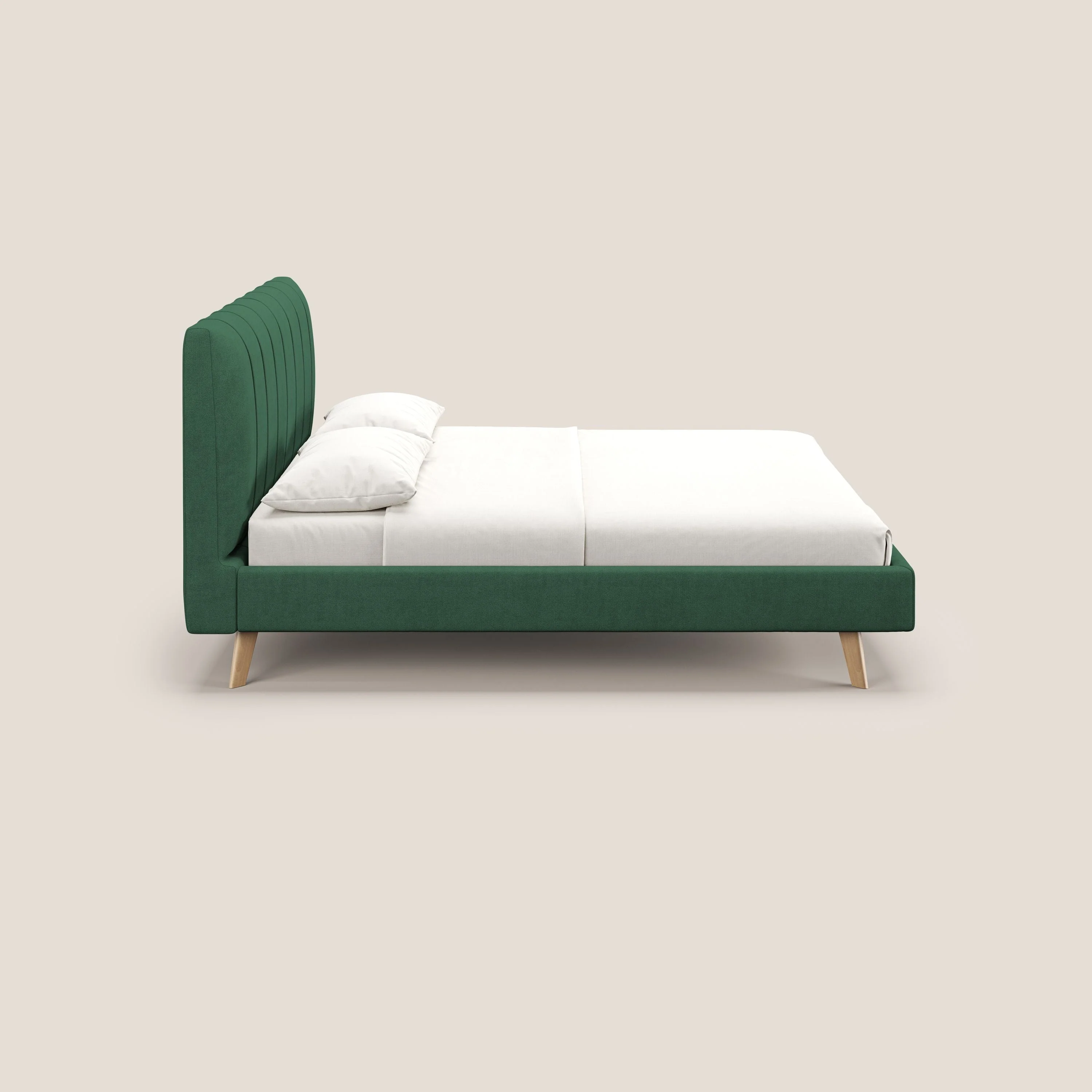 Selene lit rembourré avec pieds bois naturel déhoussable en tissu imperméable T02 vert - Image 4