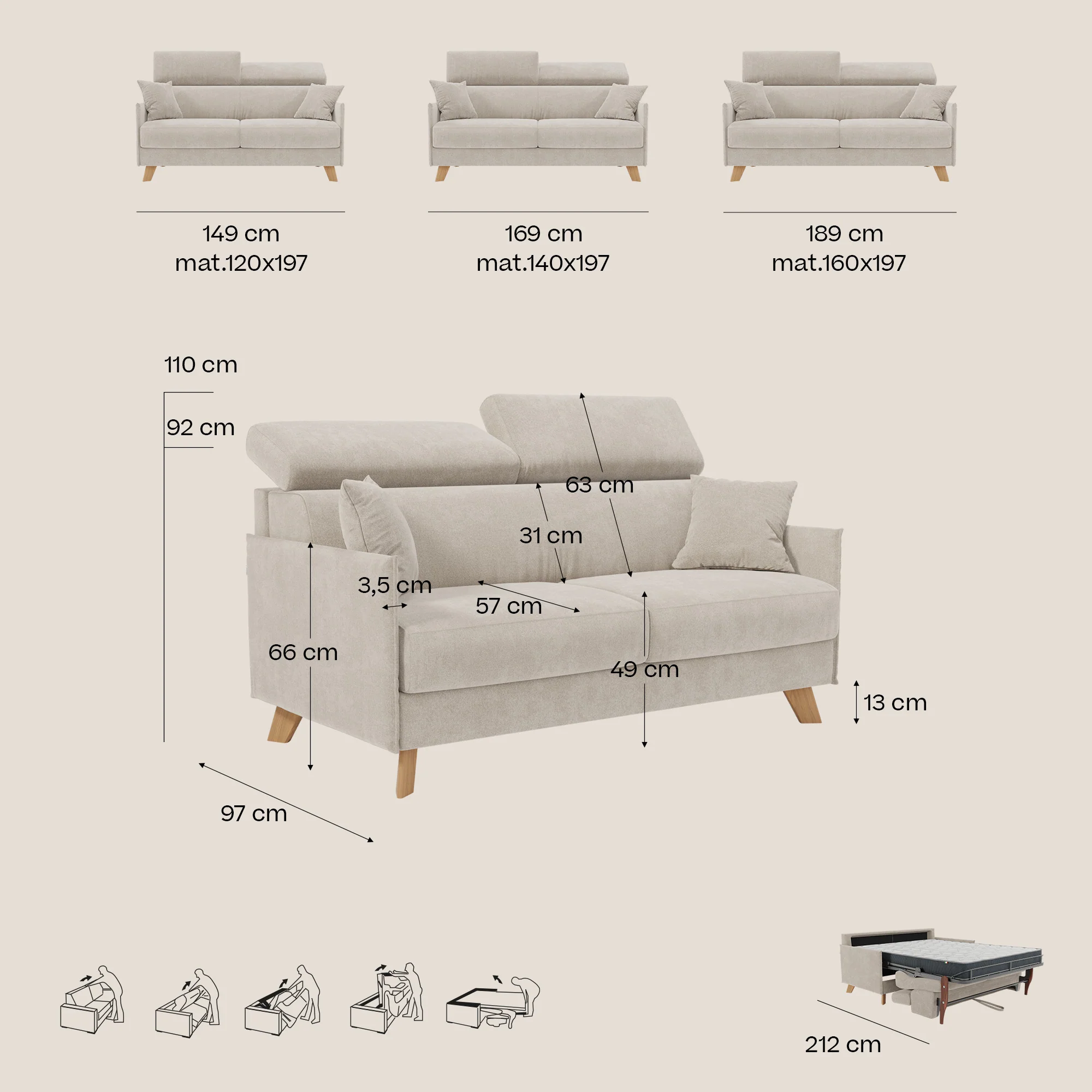Sole Canapé convertible avec têtières réglables - design élégant 100% déhoussable en tissu détachable T23 - Image 119