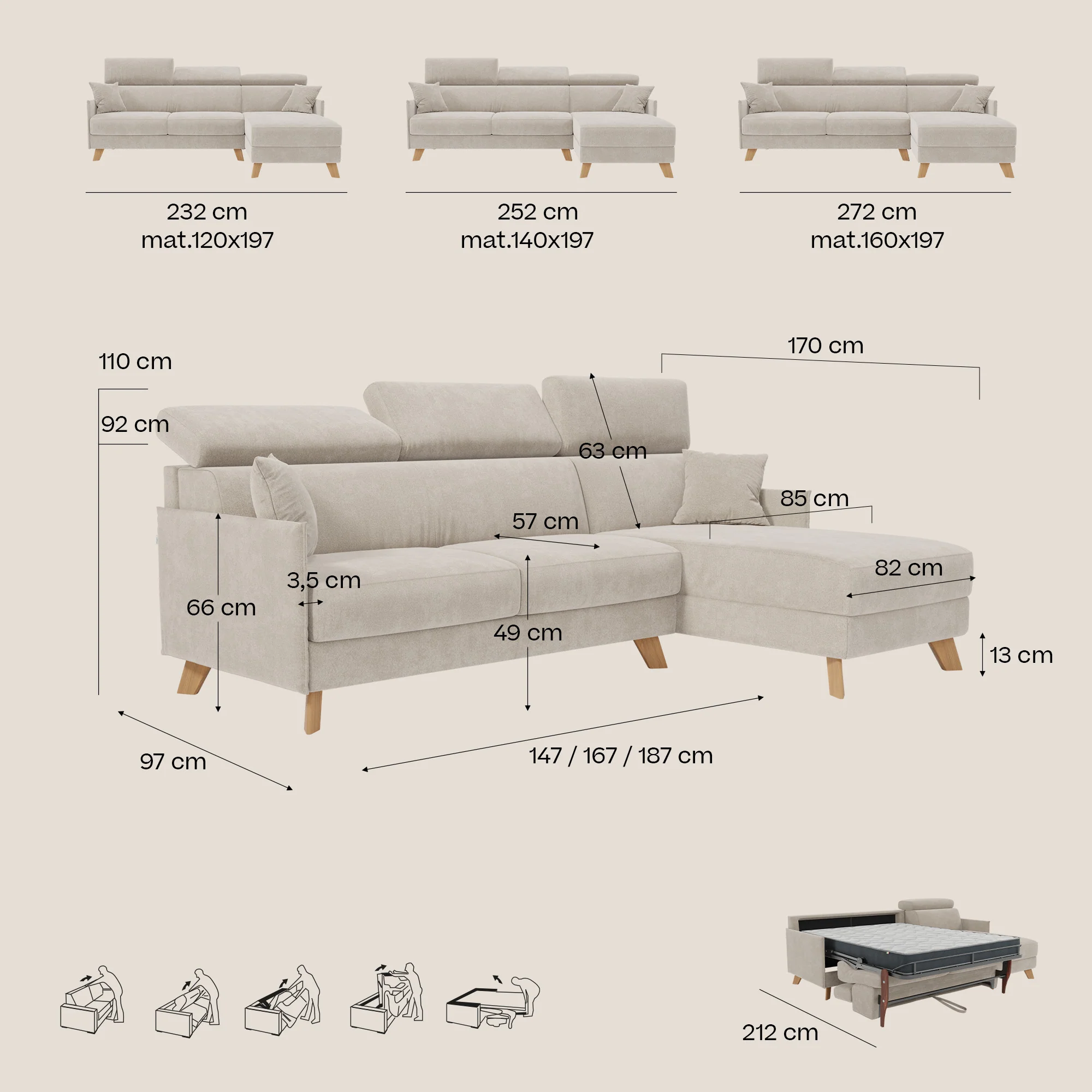 Sole Canapé d'angle convertible avec chaise longue avec coffre et têtières inclinables - tissu détachable T23 - Image 183