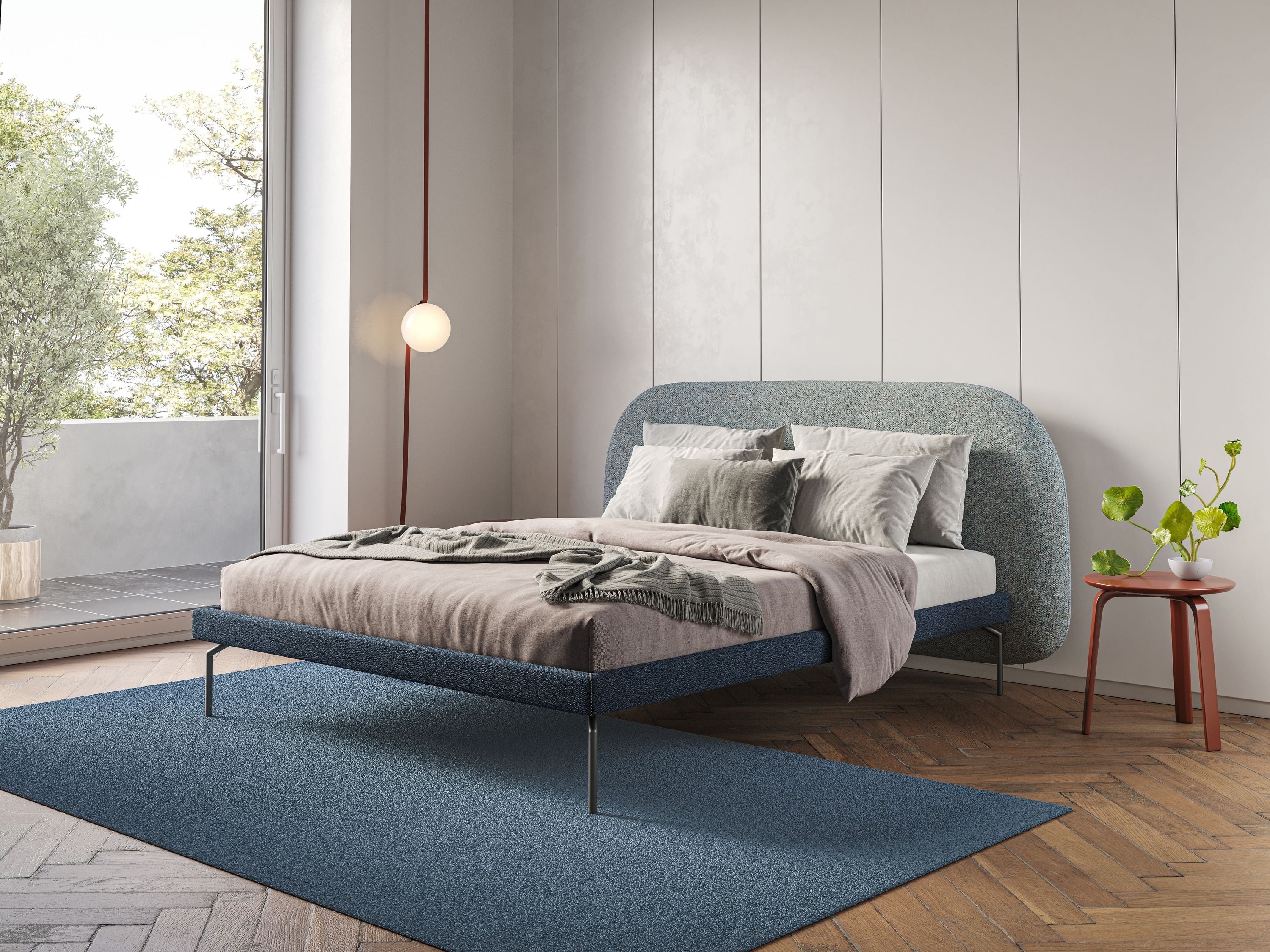 Soleil lit rembourré design avec pieds hauts en métal en bouclette détachable T12 bleu gris - Image 2