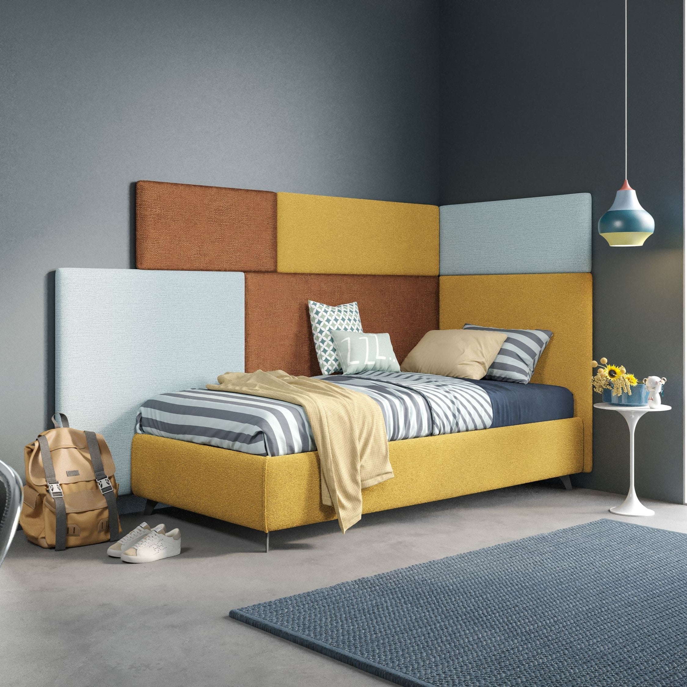 Tête de lit en panneau mural moyen de différentes dimensions en microfibre détachable T11 jaune - Image 2
