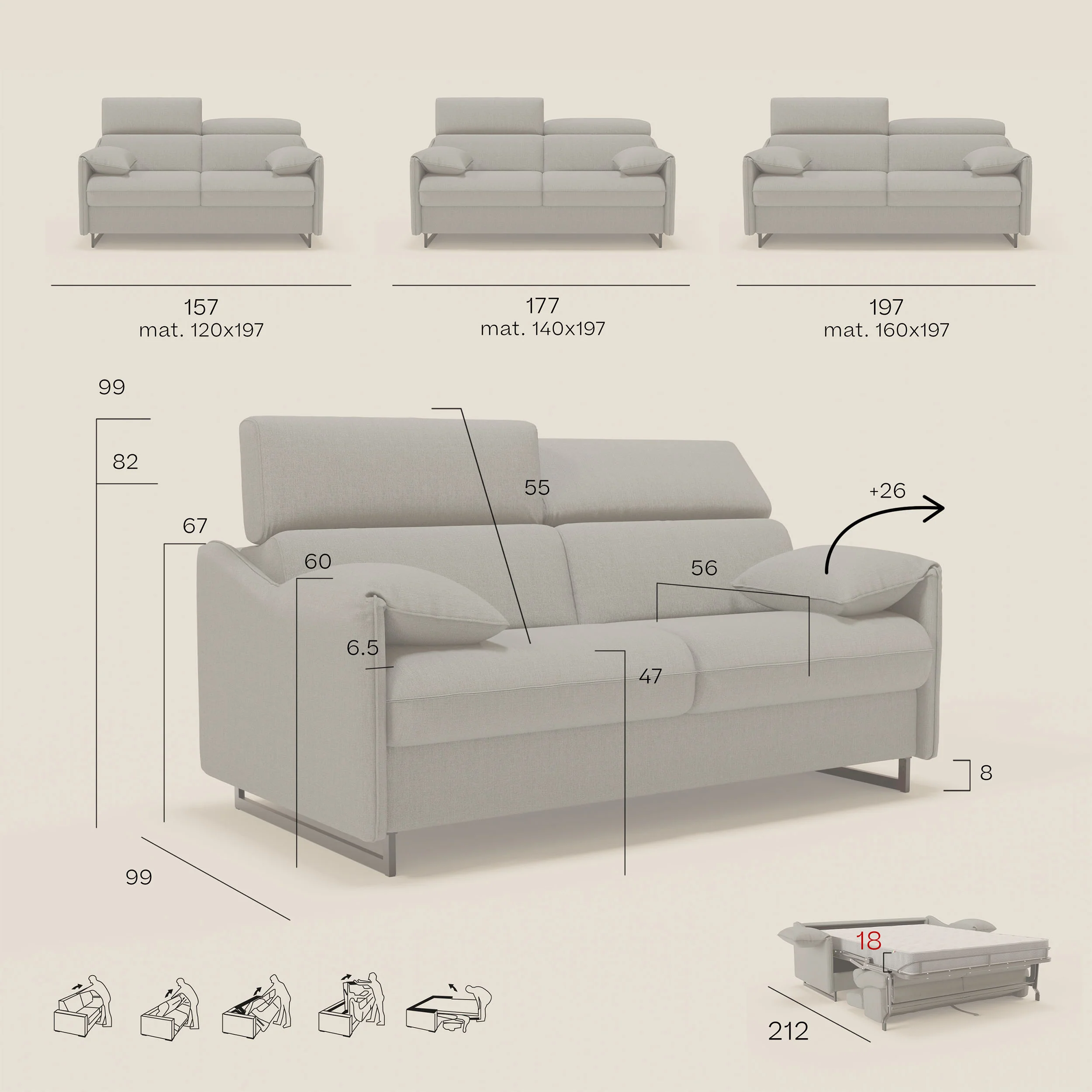 Violetta Canapé convertible matelas H18 cm - têtières réglables et accoudoirs amovibles en tissu imperméable T13 marron - Image 14