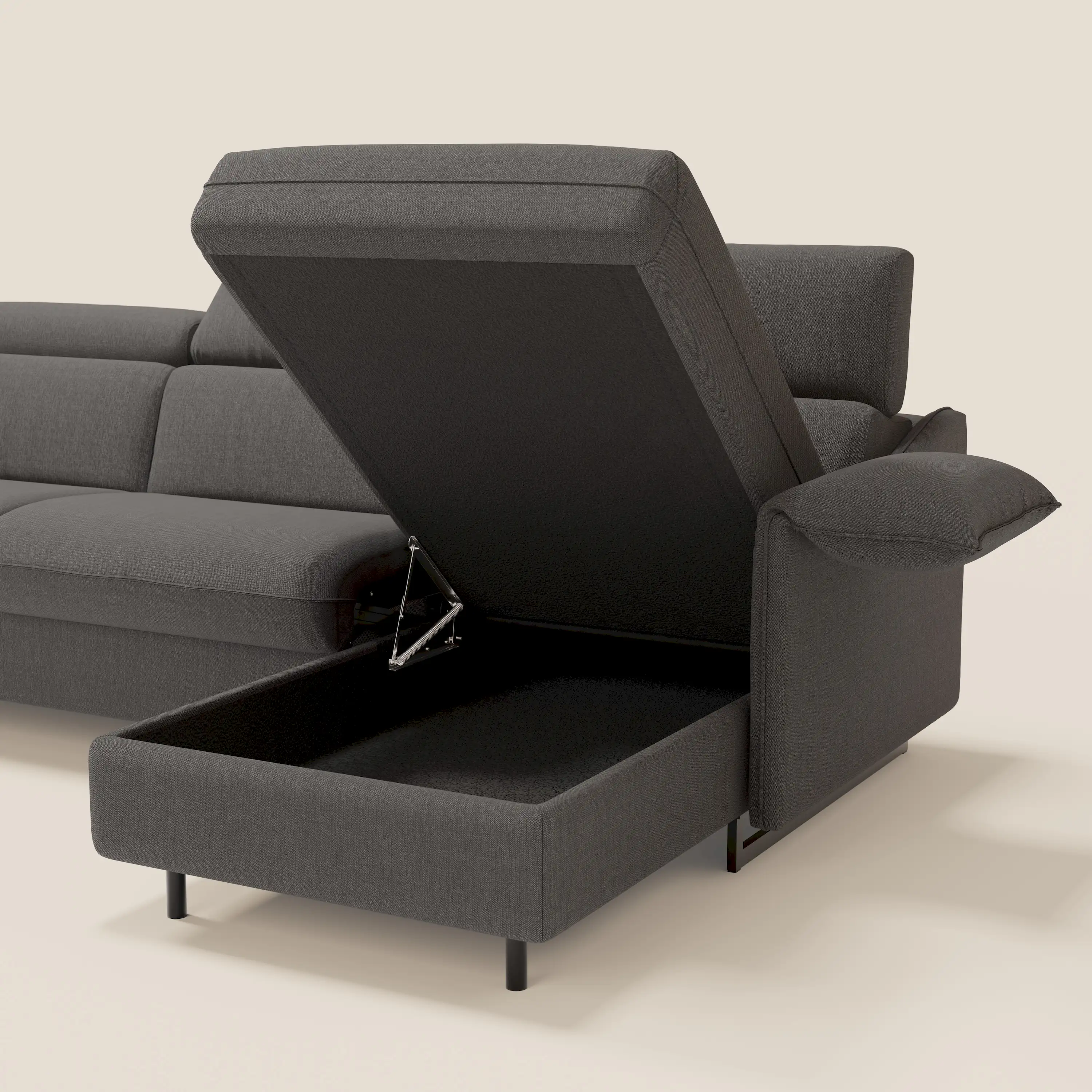 Violetta Canapé d'angle convertible avec chaise longue coffre, têtières et matelas 18cm en tissu imperméable T13 anthracite - Image 6