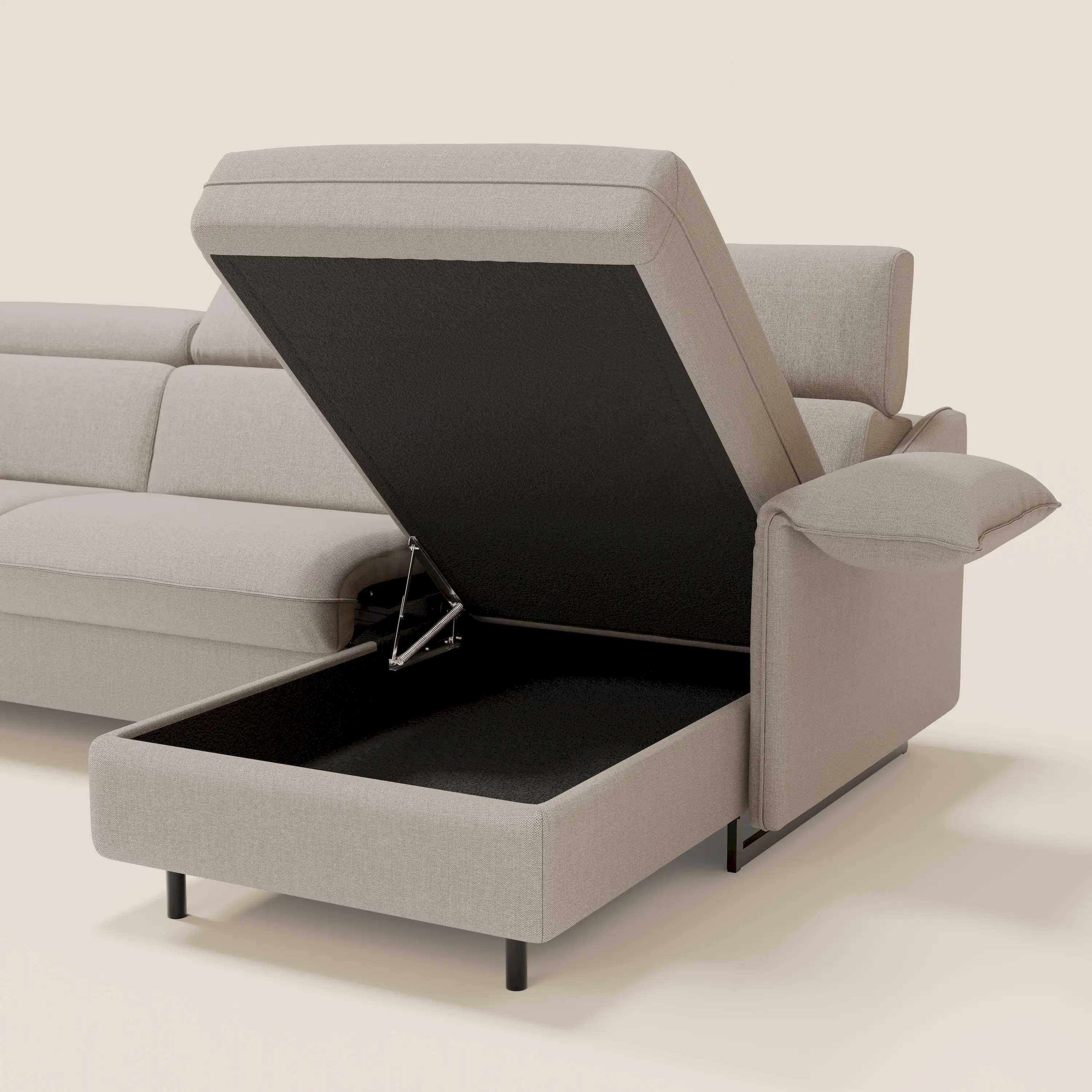 Violetta Canapé d'angle convertible avec chaise longue coffre, têtières et matelas 18cm en tissu imperméable T13 crème - Image 6