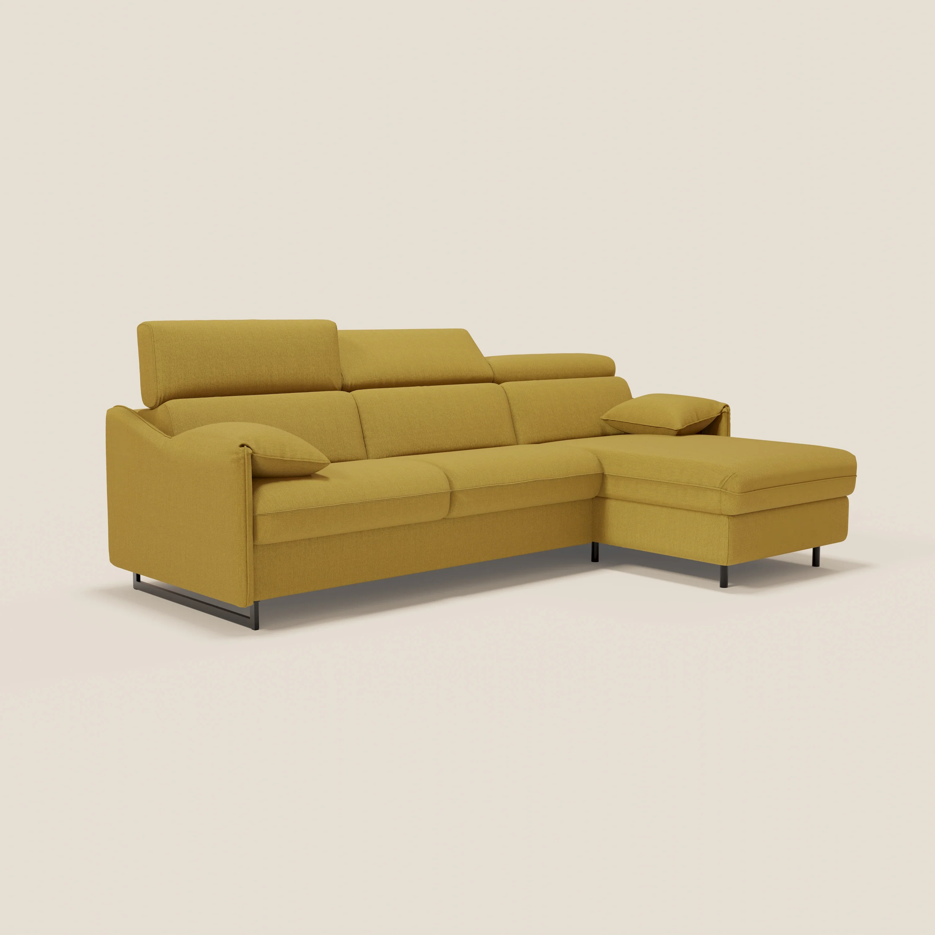 Violetta Canapé d'angle convertible avec chaise longue coffre, têtières et matelas 18cm en tissu imperméable T13 jaune - Image 4