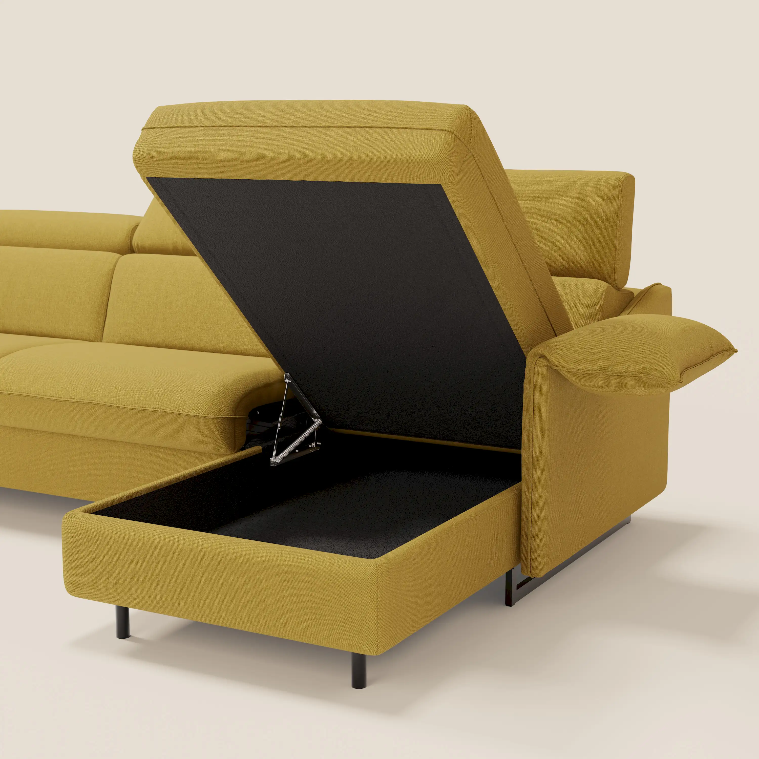Violetta Canapé d'angle convertible avec chaise longue coffre, têtières et matelas 18cm en tissu imperméable T13 jaune - Image 6