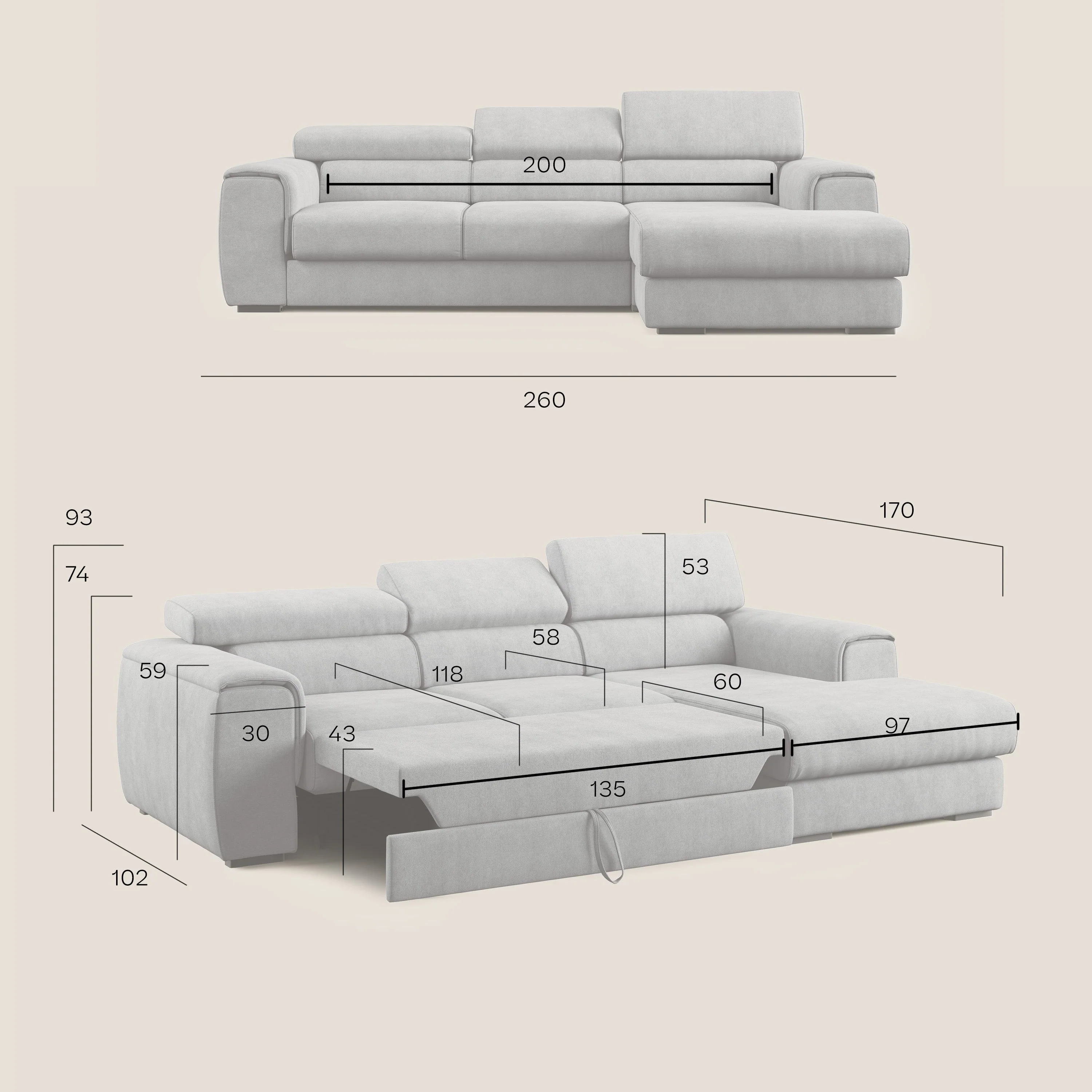 Zeno canapé d'angle et pouf extractible en tissu doux imperméable T02 beige - Image 12