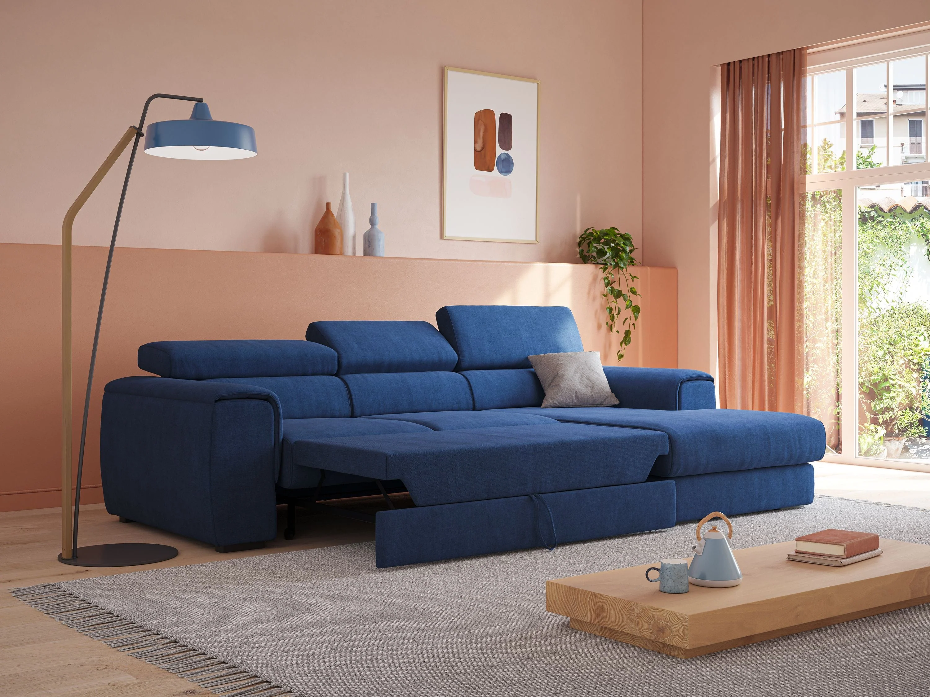 Zeno canapé d'angle et pouf extractible en tissu doux imperméable T02 bleu - Image 2