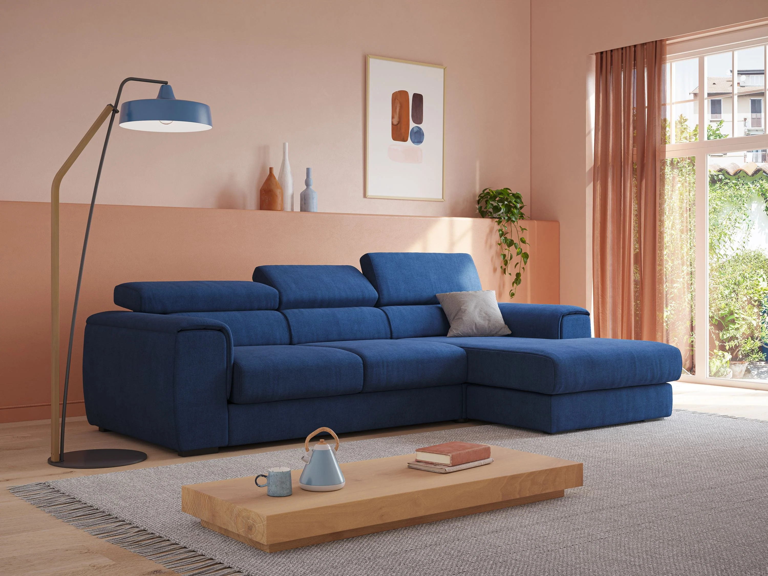 Zeno canapé d'angle et pouf extractible en tissu doux imperméable T02 bleu - Image 3