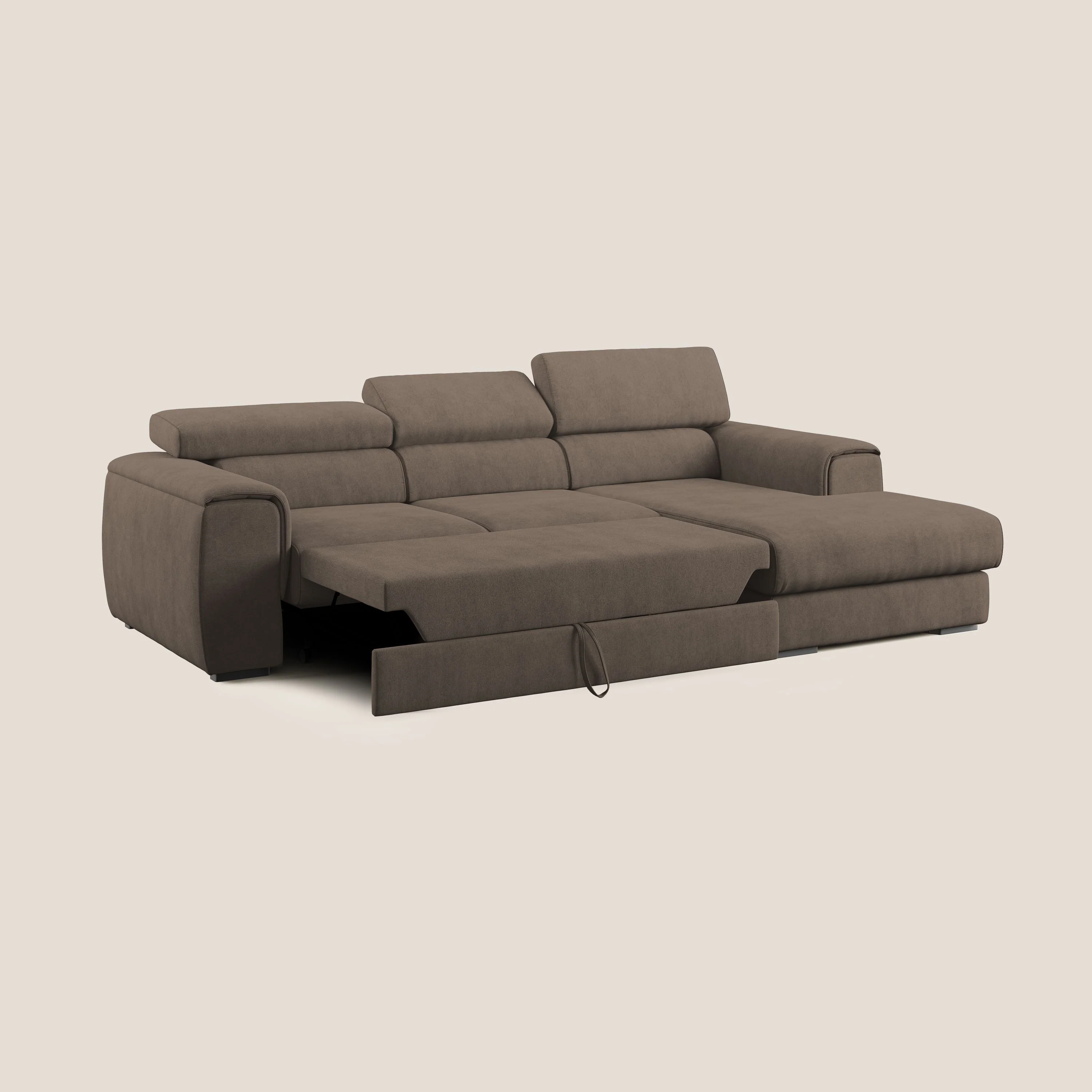 Zeno canapé d'angle et pouf extractible en tissu doux imperméable T02 marron - Image 2