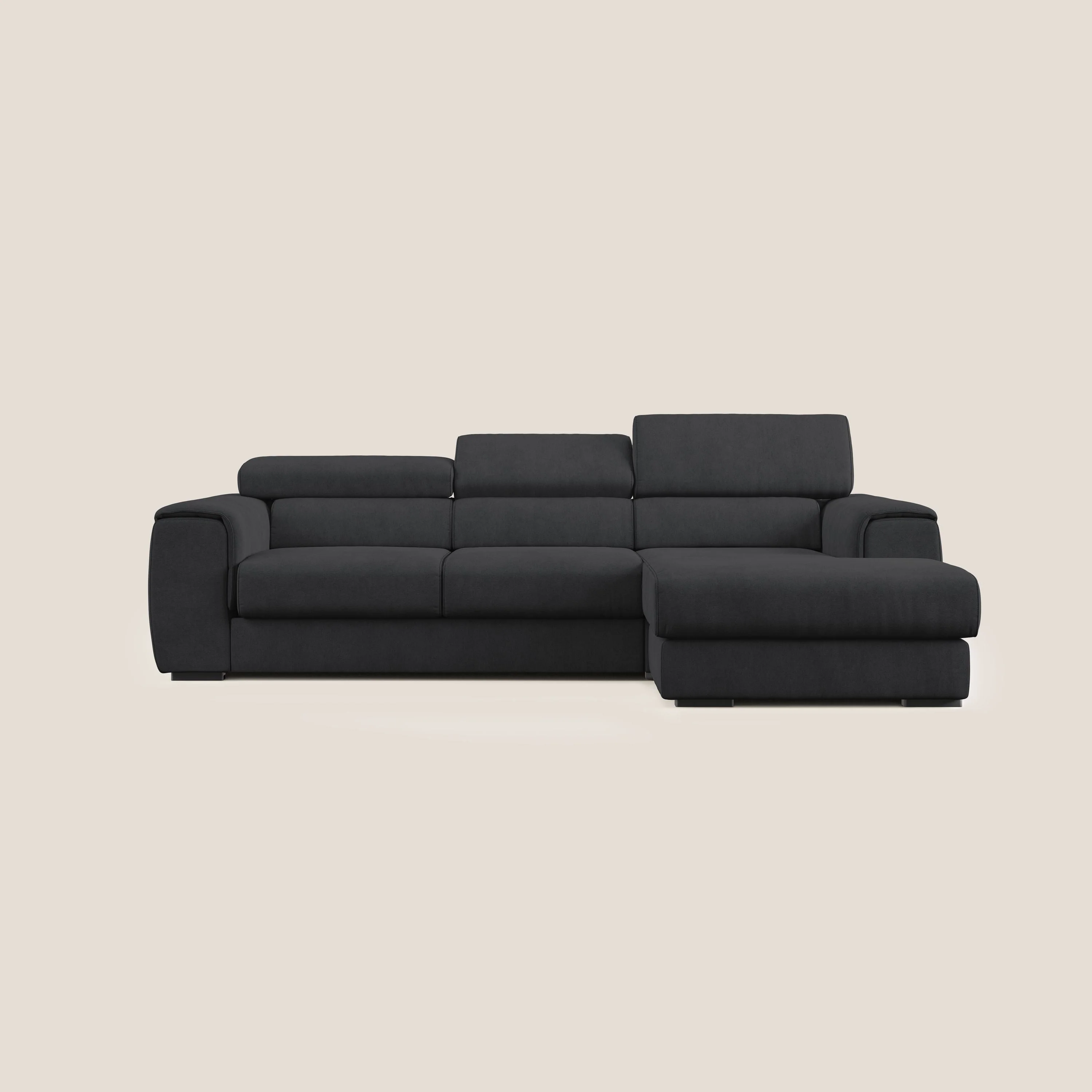 Zeno canapé d'angle et pouf extractible en tissu doux imperméable T02 noir