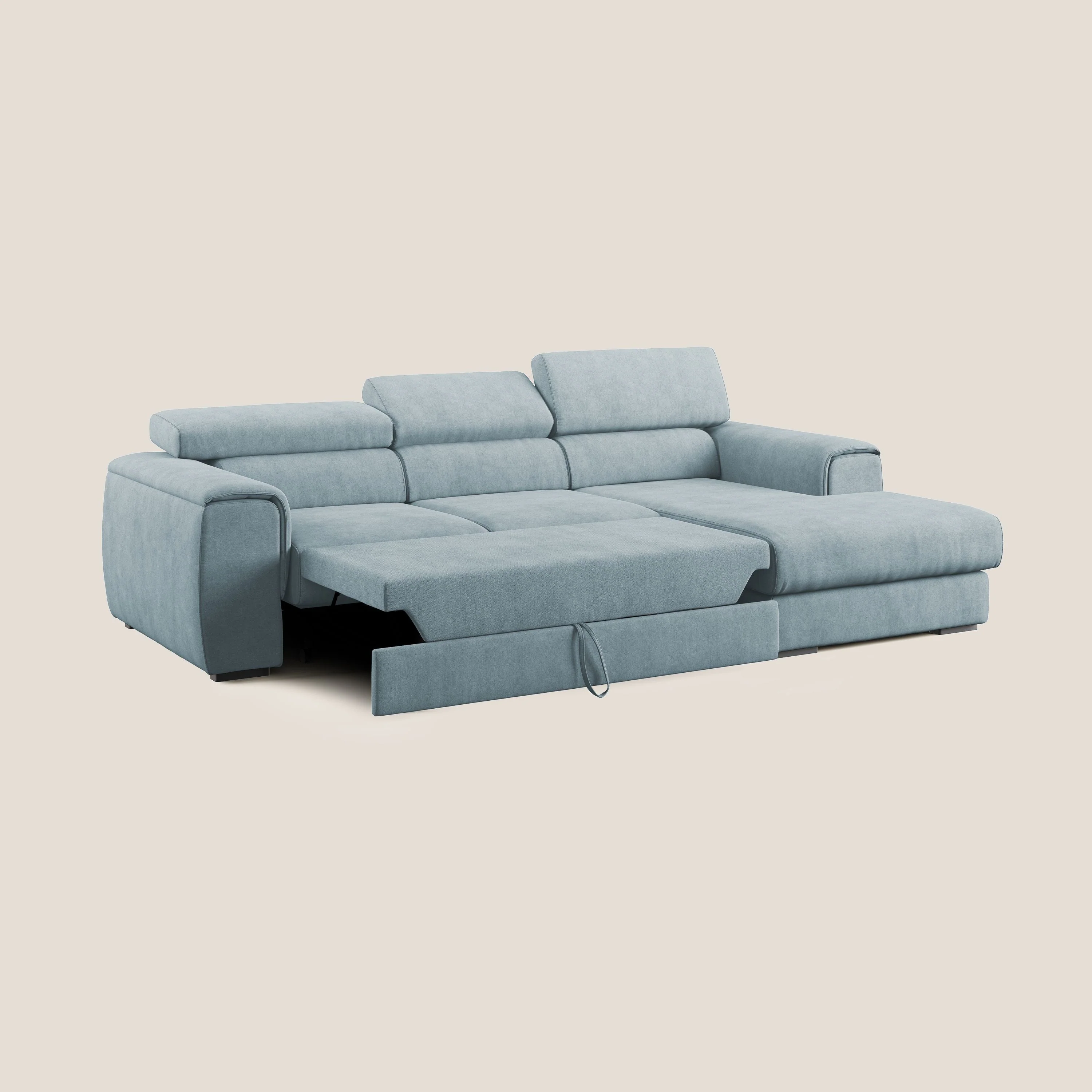 Zeno canapé d'angle et pouf extractible en tissu doux imperméable T02 Bleu pastel - Image 2