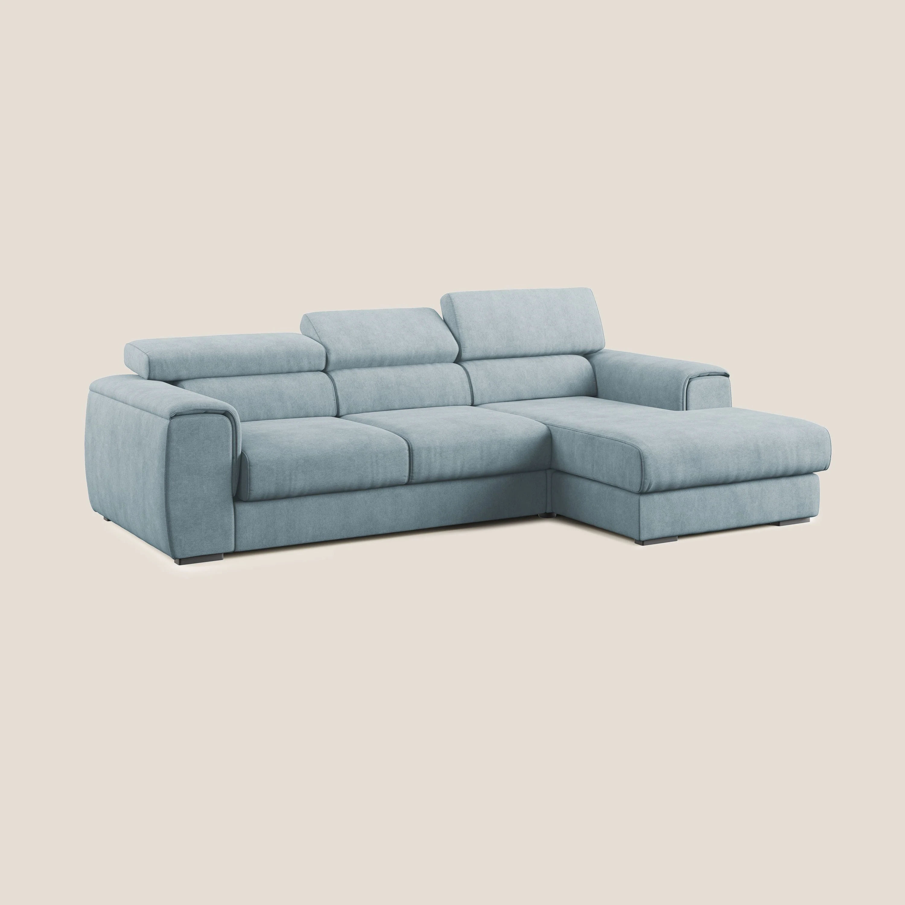Zeno canapé d'angle et pouf extractible en tissu doux imperméable T02 Bleu pastel - Image 3