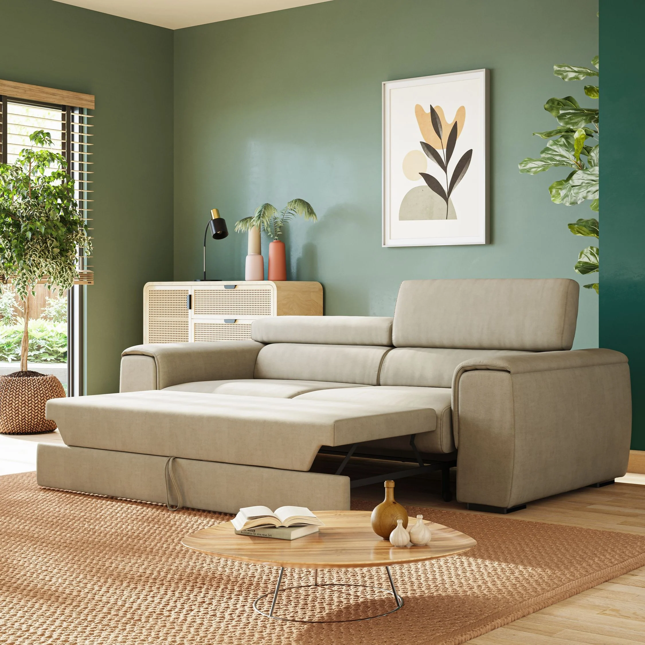 Zeno canapé linéaire avec pouf extractible en tissu doux imperméable T02 crème - Image 2