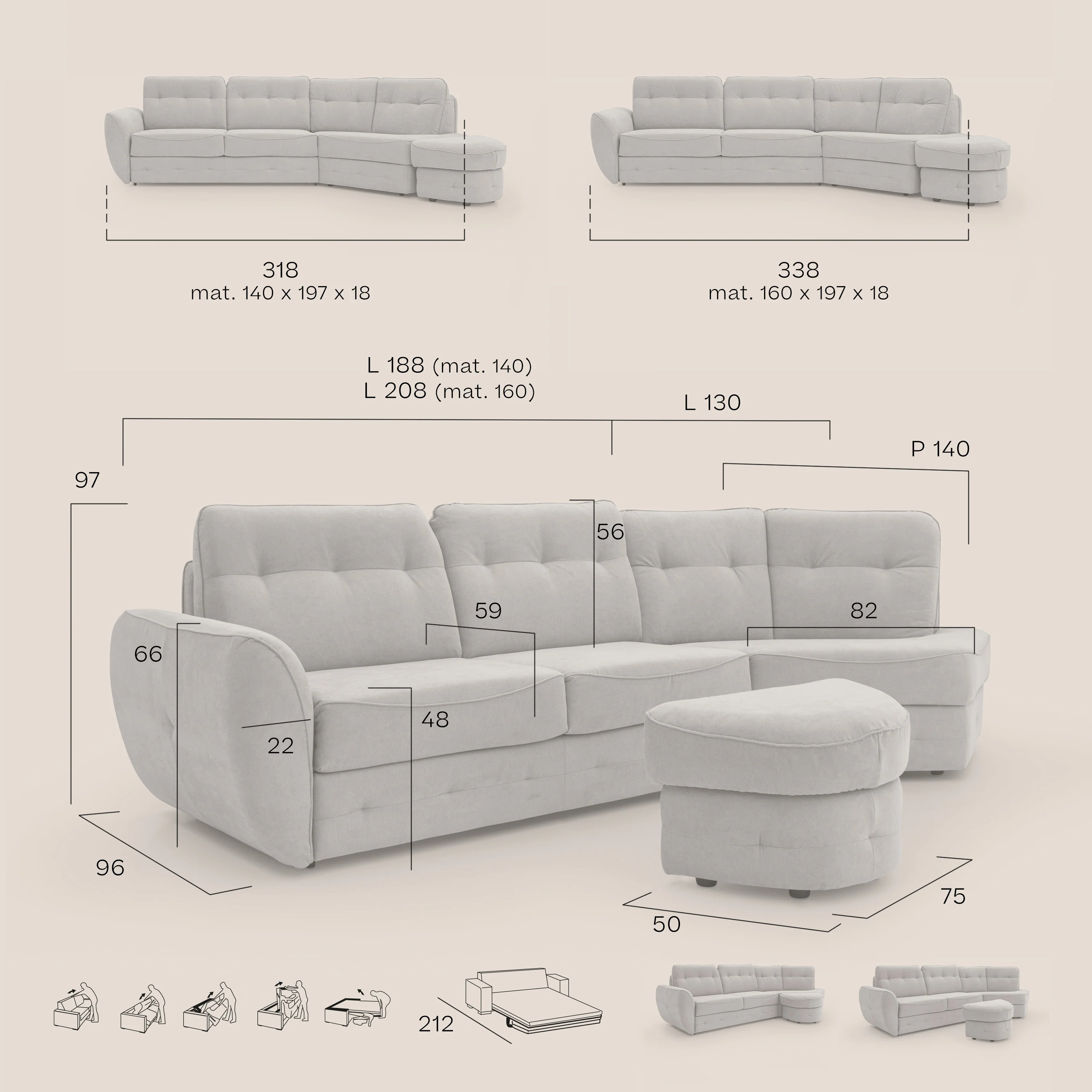 Zeus Canapé d'angle convertible avec matelas H18 cm pouf mobile en tissu imperméable T02 noir - Image 17