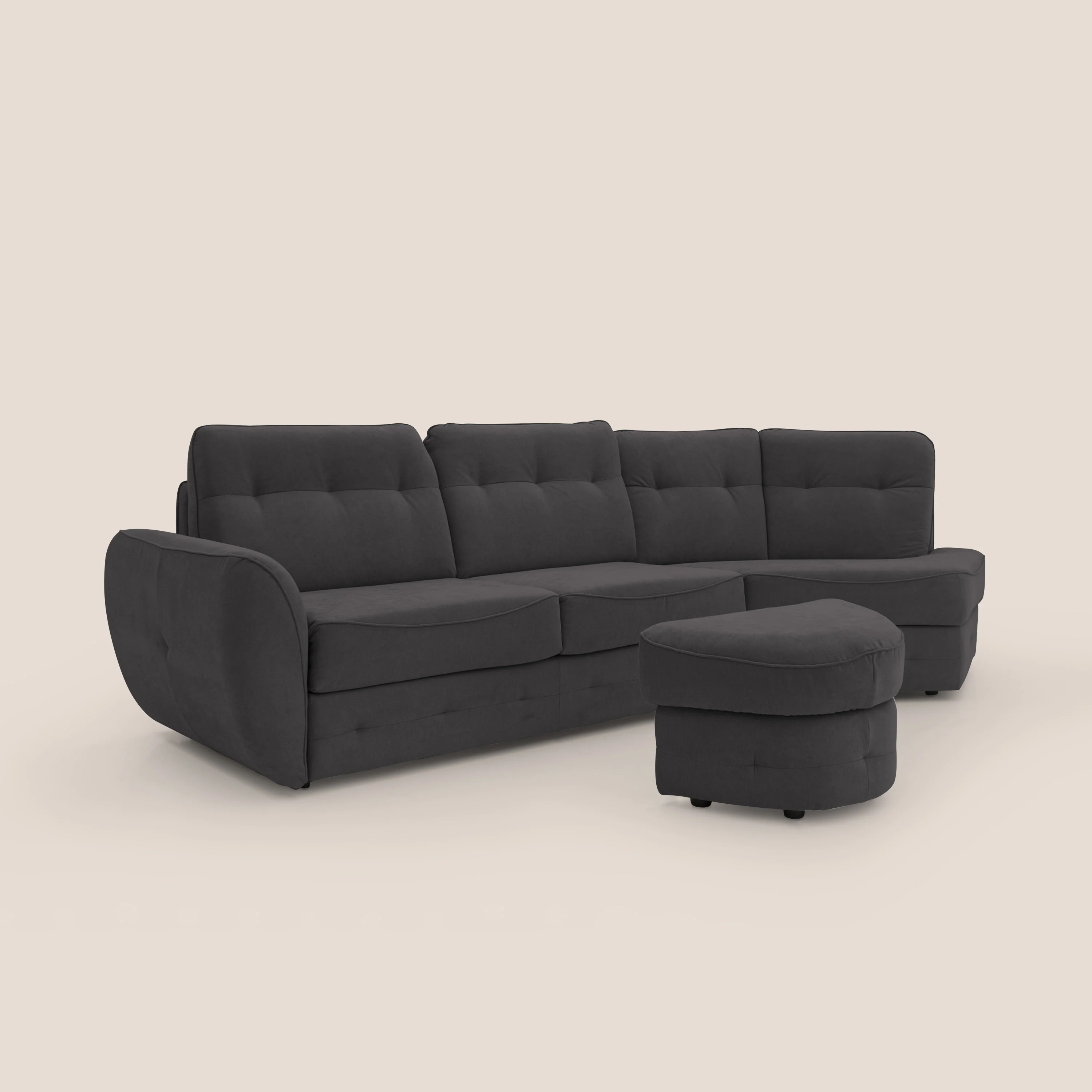 Zeus Canapé d'angle convertible avec matelas H18 cm pouf mobile en tissu imperméable T02 noir - Image 4